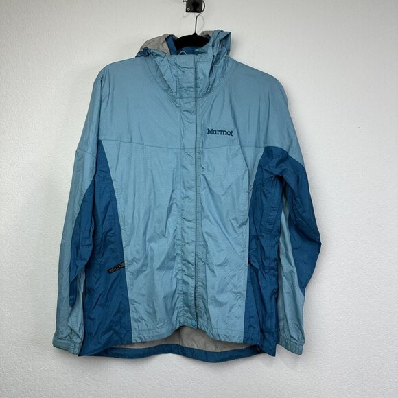 Marmot Women's Lightweight Rain Jacket Hood Pockets Hiking Size M Blue - Picture 1 of 12